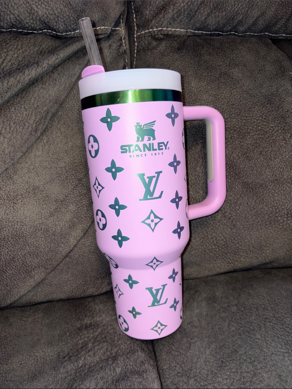 Stanley Pink Tumbler with Green Logo Accents and Handle